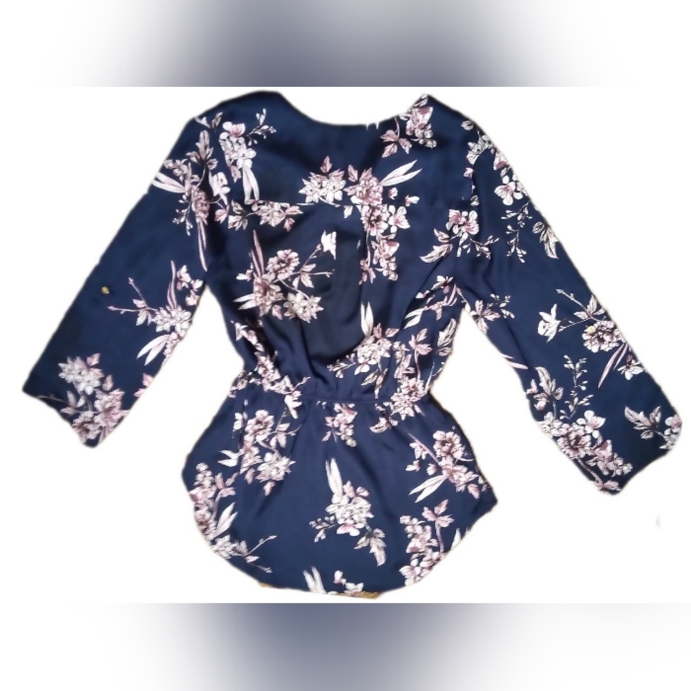 Navy blue satin blouse with floral print. Size M.